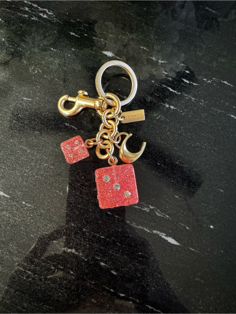 COACH Pink Glitter Dice Charm Keychain w/ Signature C Charm